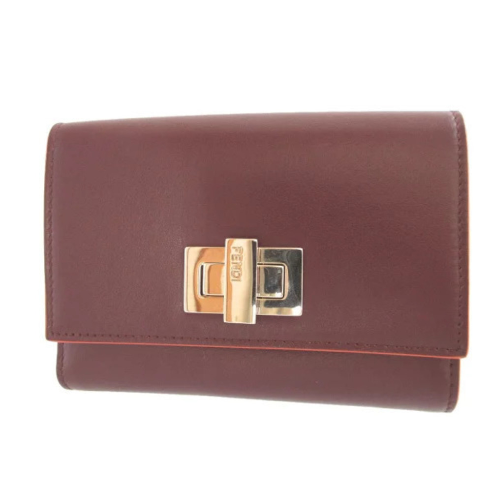Fendi Peekaboo Leather Bordeaux Purple Brown Double Snap Wallet
